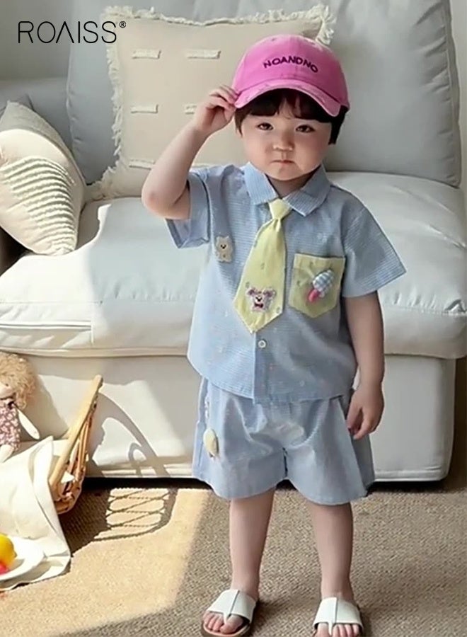 رويس طقم ملابس مريح مكون من 3 قطع للأولاد الصغار، طقم قمصان وشورتات عالية الجودة مع ربطة عنق، طقم ملابس صيفية رائعة بأكمام قصيرة بلوزة قصيرة الأكمام وبنطال قصير بخصر مطاطي - Image 1